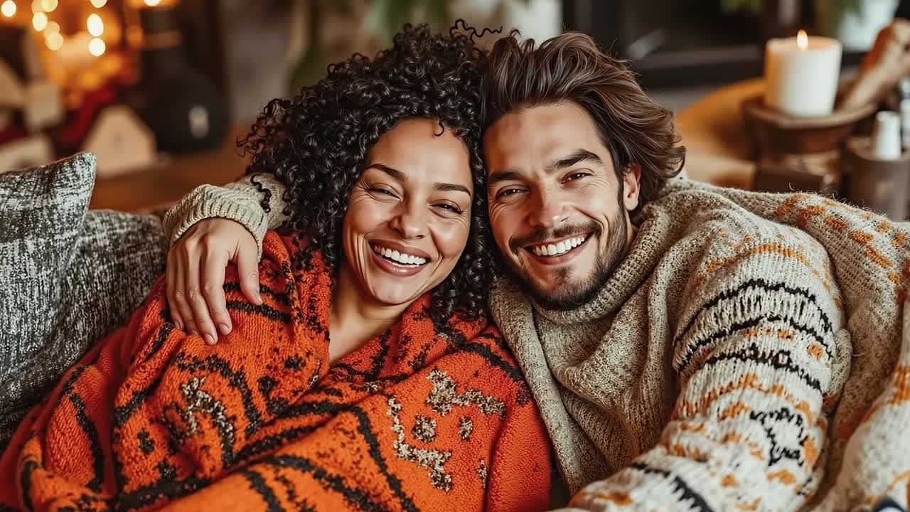 Un uomo e una donna sdraiati su un divano che sorridono alla fotocamera