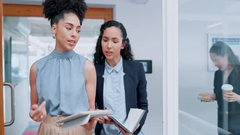 Mentor,-discussion-and-business-women-walking