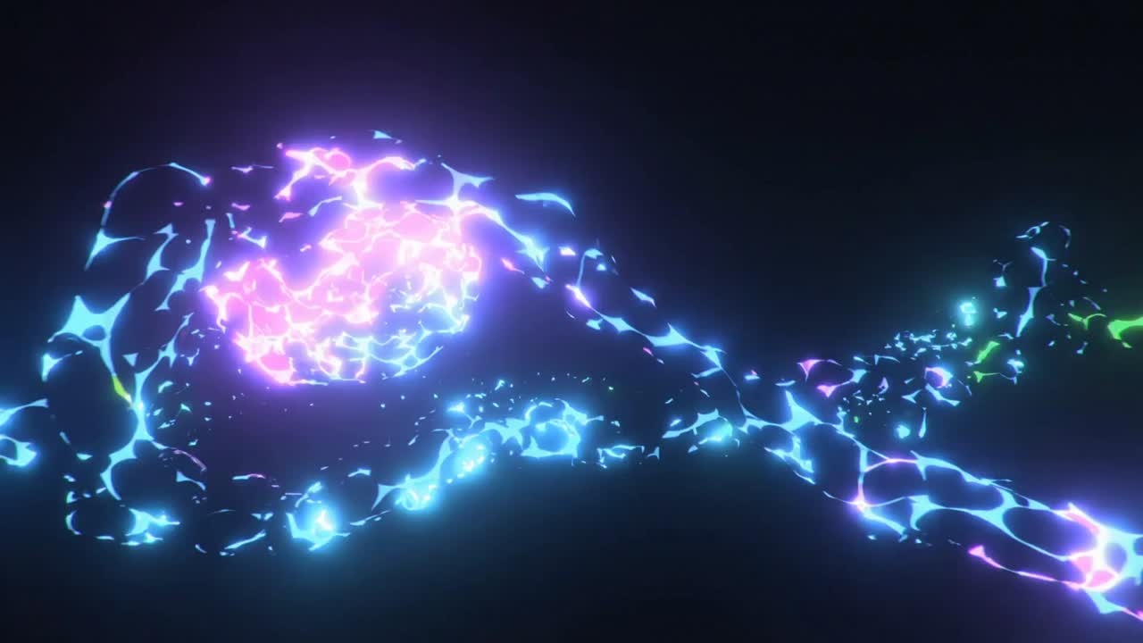 Pulsing energy formation transforming cluster into filament at dark void, ejecting tiny sparks