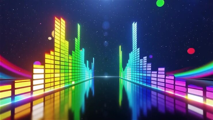 Futuristisk regnbuefarvet neon musik equalizer visualisering baggrund.
