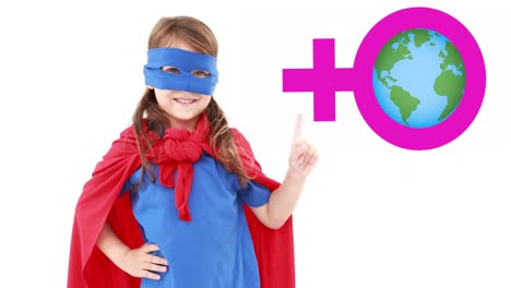 Animation-of-globe-on-female-symbol-over-superhero-girl