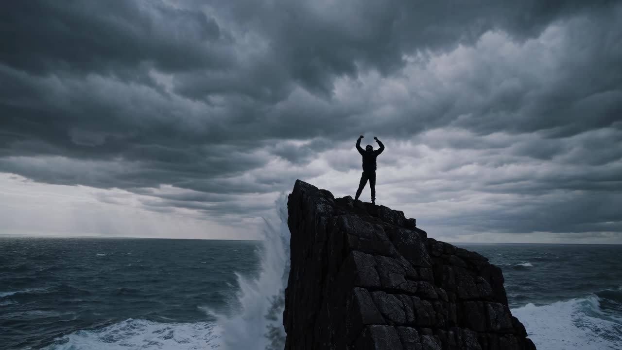 Dramatic wide-angle shot of a lone figure on a cliff against stormy skies and ocean