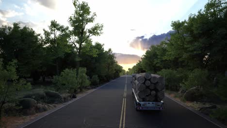 transports heavy logs down an empty asphalt highway crossing the beautiful forest, freight truck hauls heavy logs down the rural freeway