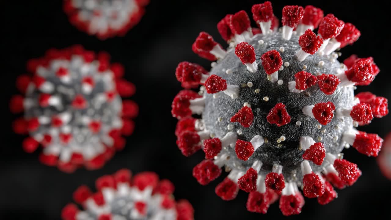 Detailed Microscopic Visualization of a Virus, Showcasing Its Unique Structure with Red-Spiked Proteins and Gray Surface, Emphasizing Its Biological Significance