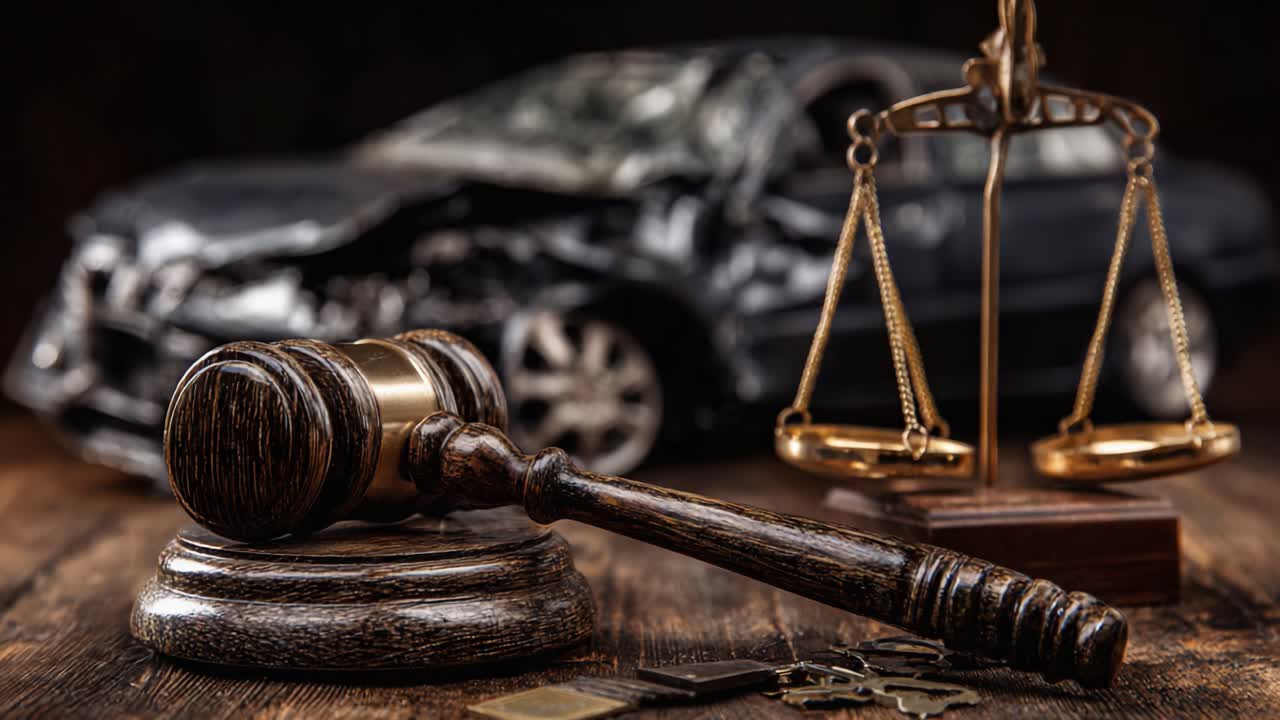 Una rappresentazione drammatica della giustizia: l'incrocio tra legge e conseguenze catturato in un'immagine potente di un martelletto, della bilancia della giustizia e di un'auto danneggiata.