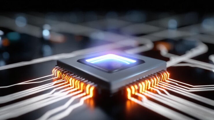 Visually Striking Close-Up of a Computer Chip Surrounded by a Complex Circuit Board, Highlighting Technological Innovation and Modern Electronics