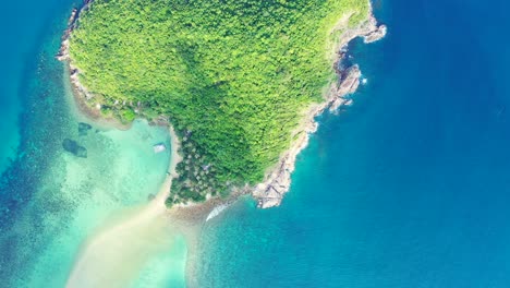 aerial - uninhabited island with palm trees in the aquamarine calm sea water