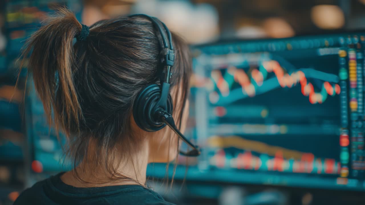 A Dedicated Analyst Engaged in Market Trends: Monitoring Charts and Data on Multiple Screens with Headset for Effective Communication and Insights