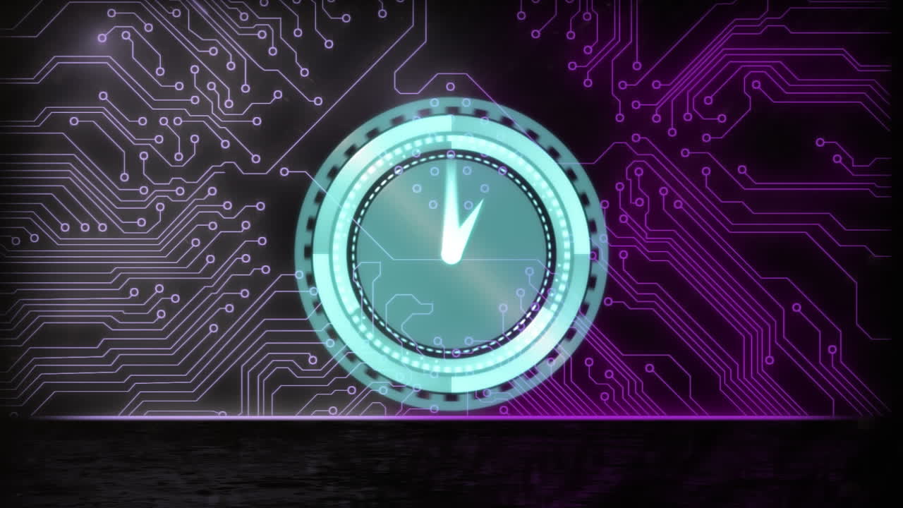 Animation of moving clock over computer circuit board and red shapes on black background