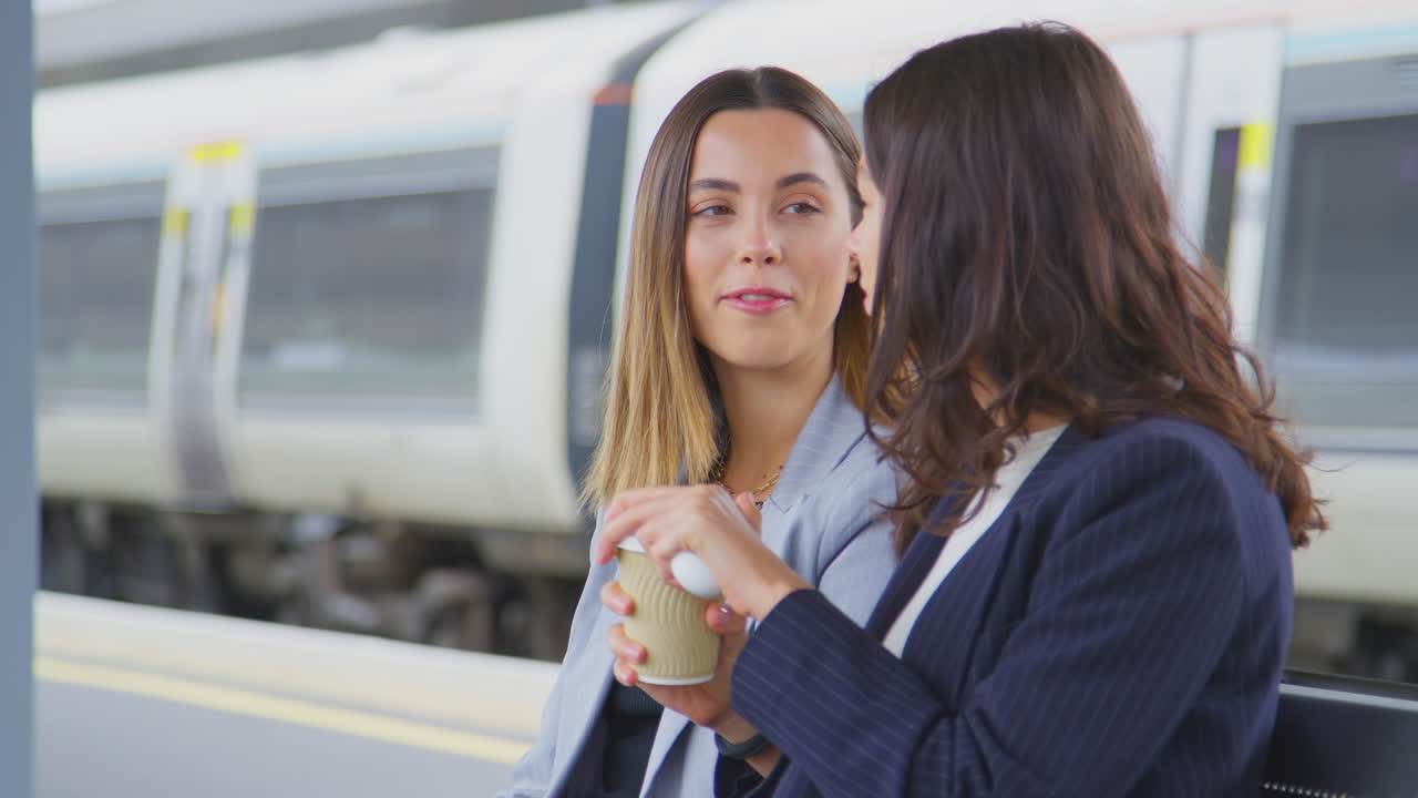 dos mujeres de negocios que viajan al trabajo esperando el tren en la plataforma de la estación hablando juntas