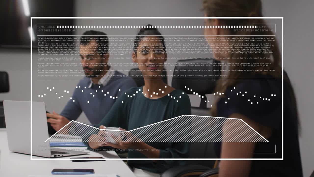 Business data analysis animation over professionals meeting in conference room