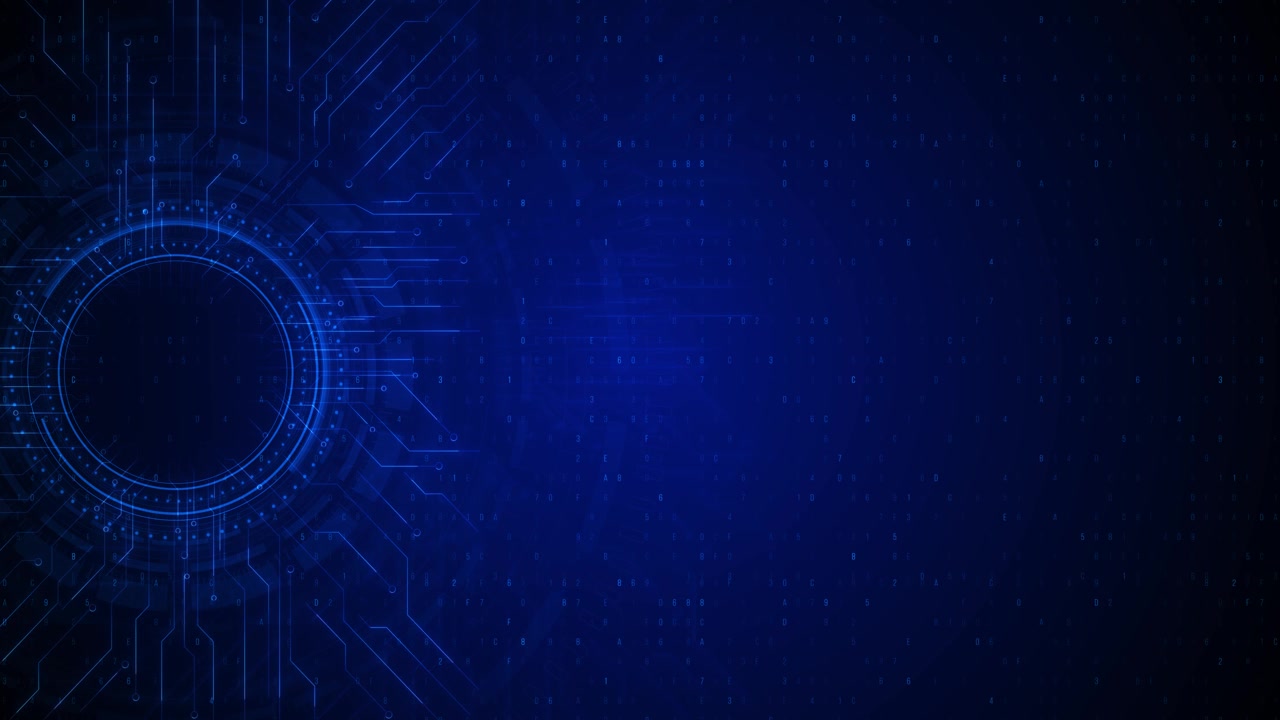 Sfondo blu futuristico con circuito e spazio per testo, elemento HUD circolare, linee luminose, texture codice e tecnologia.