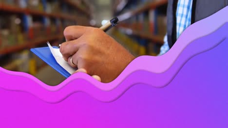 Animation-of-purple-wave-over-man-writing-in-warehouse