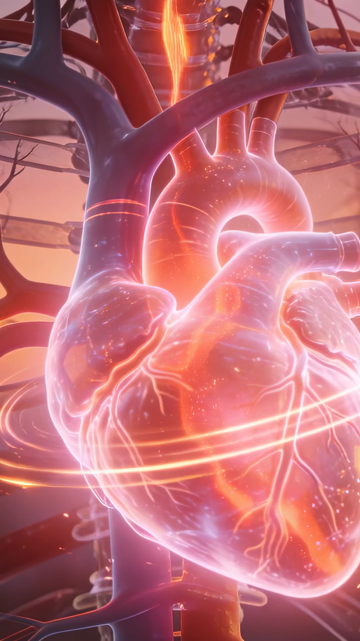 Vertical video: Pulsing heart in chest responding to energy stream, rotating bands tracing aorta