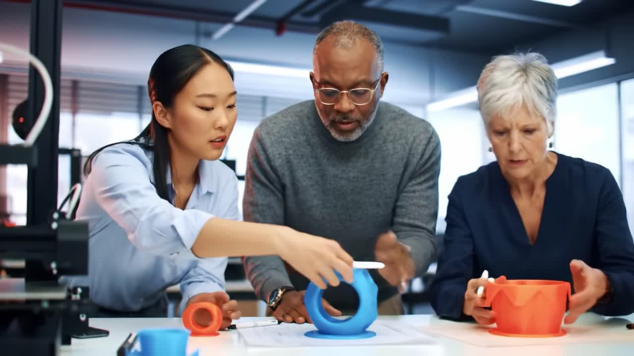 Collaborative Design in Action: A Diverse Team Engages in Creative Brainstorming Over 3D Printed Models in a Modern Workshop Setting