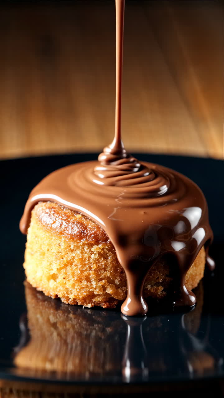 Chocolate Glaze Pouring Over a Small Cake