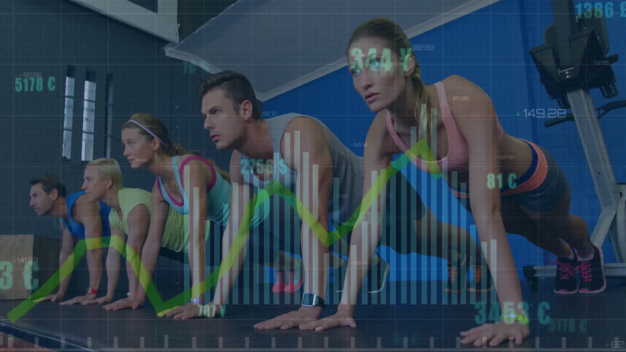 그래프의 애니메이션과 통화 기호로 숫자를 바꾸는 카우카시아 친구들이 운동을 하고 있습니다.