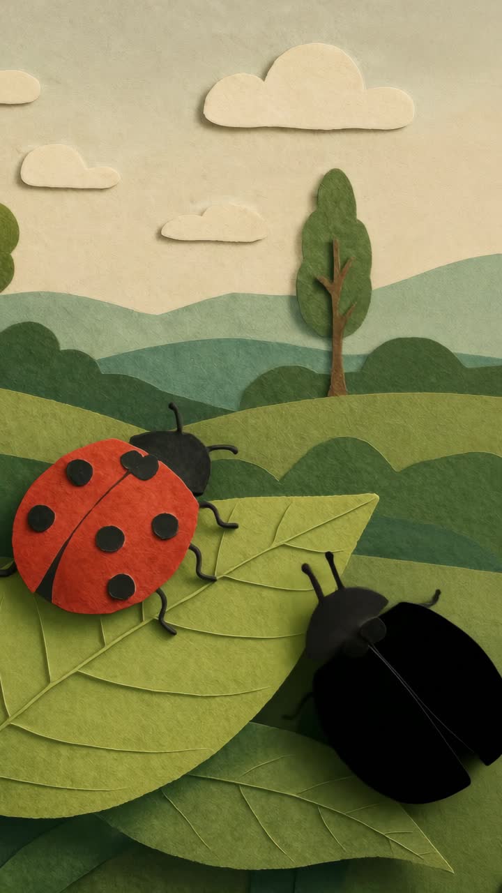 A whimsical, paper-cut style scene of a ladybug on a leaf, shot from a high angle