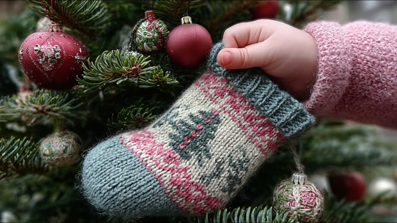 A Cozy Sock Ornament Held Near a Festively Decorated Christmas Tree, Showcasing Holiday Spirit and Handmade Craftsmanship in a Heartwarming Scene
