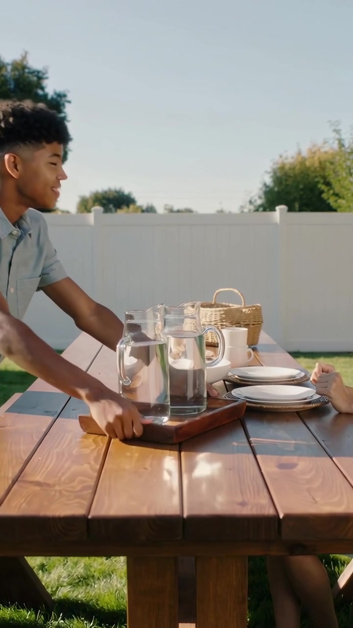 Vertical video: Walking boy in top placing two pitchers on tray on picnic table to serve