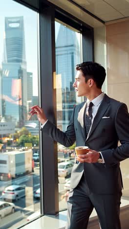 businessman with coffee looking at city view from office window