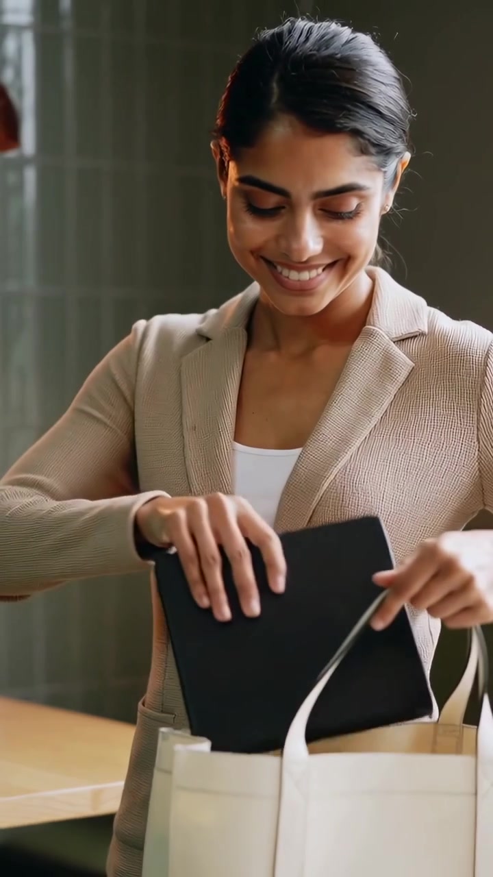 Vertical video: Looking down, woman in tan blazer placing black notebook into tote at lobby to exit