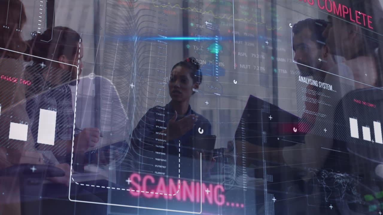 Animation of graphs, texts, trading board, computer language, diverse coworkers discussing reports