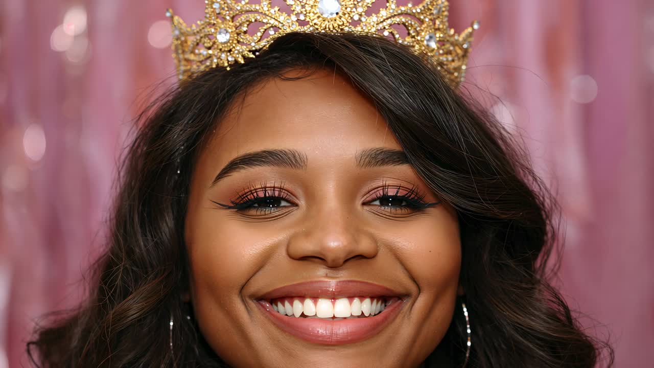 Smiling model wearing crown, hoop earrings responding to camera in studio, tilting head, blinking