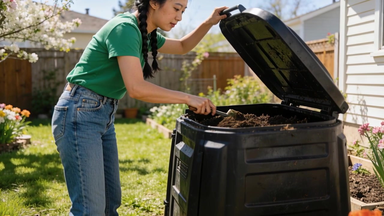 Lifting lid, woman in green shirt, jeans turning compost in backyard bin for aeration with trowel