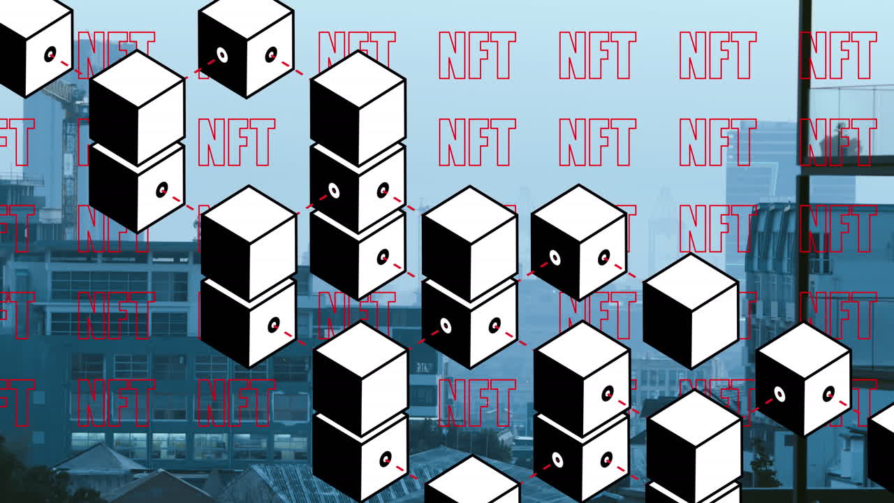Animation of 3d blocks and multiple nft text banners against aerial view of cityscape