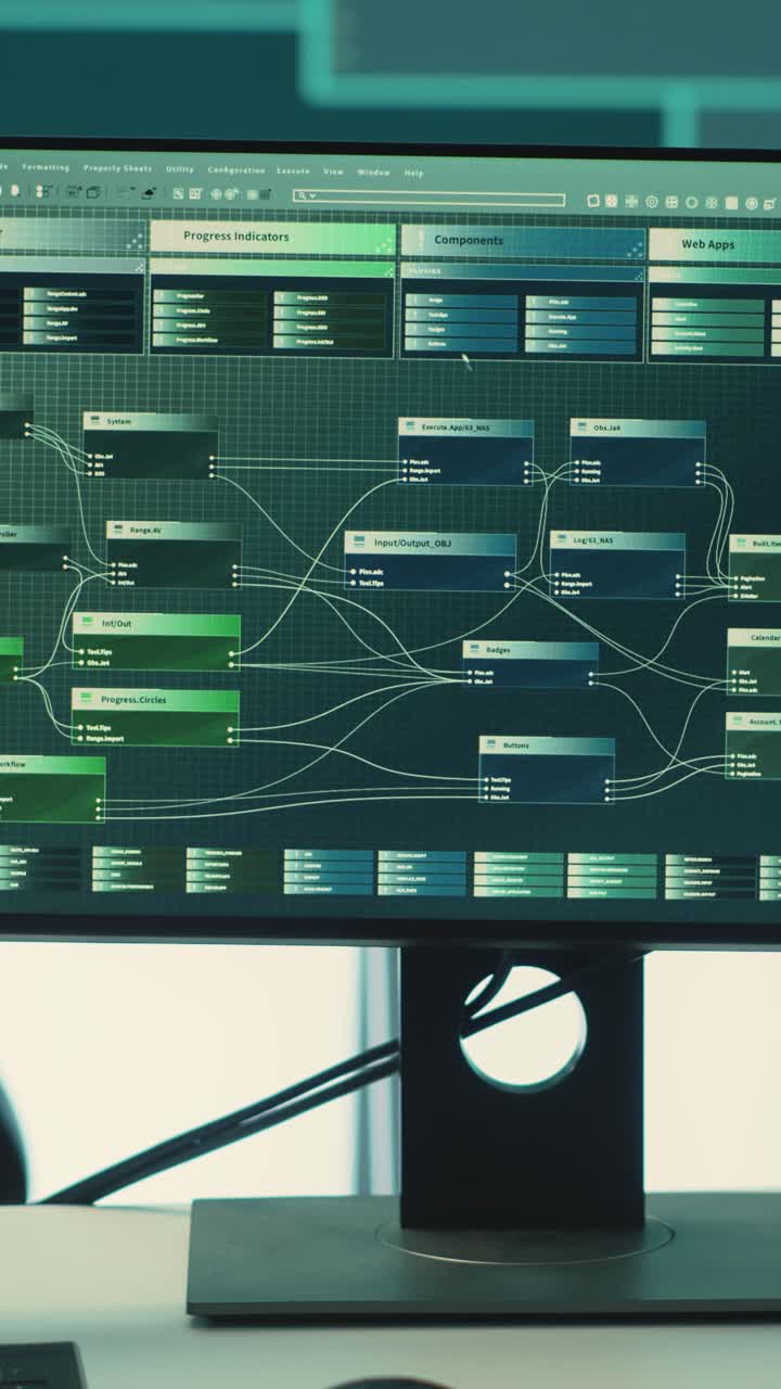 Computer Monitor Displaying Complex Programming Code and Data Flow