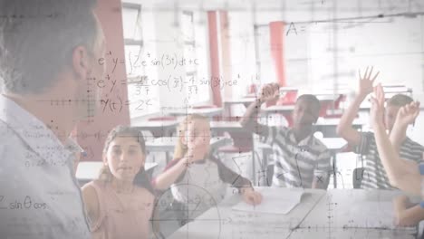 animation of mathematical equations over schoolchildren in classroom