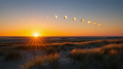 a captivating sunset over dunes captured in stages, demonstrating the transition of light and color with balloon-like orbs in the sky during golden hour