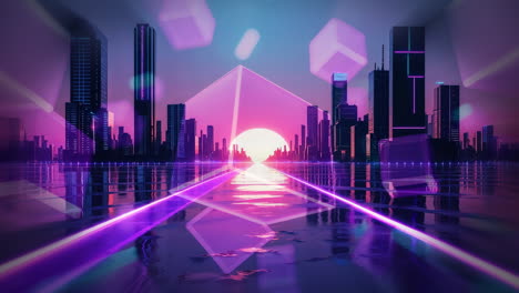 futuristic neon cityscape at sunset with cyberpunk aesthetics