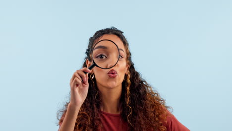 Woman,-magnifying-glass-and-search