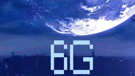 animación de texto de 6g sobre el globo y el paisaje urbano sobre fondo azul
