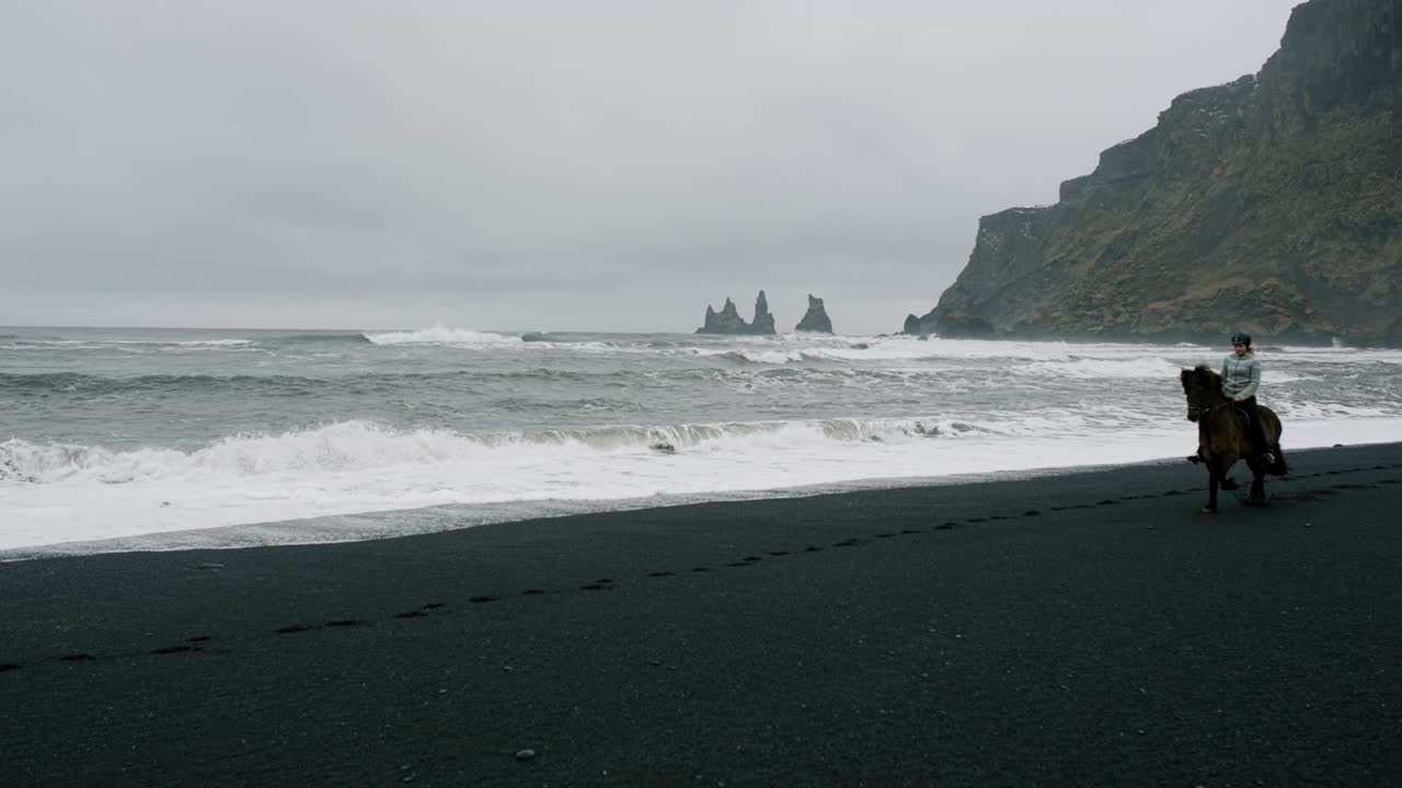 Horseback Riding on a Black Sand Beach in Iceland