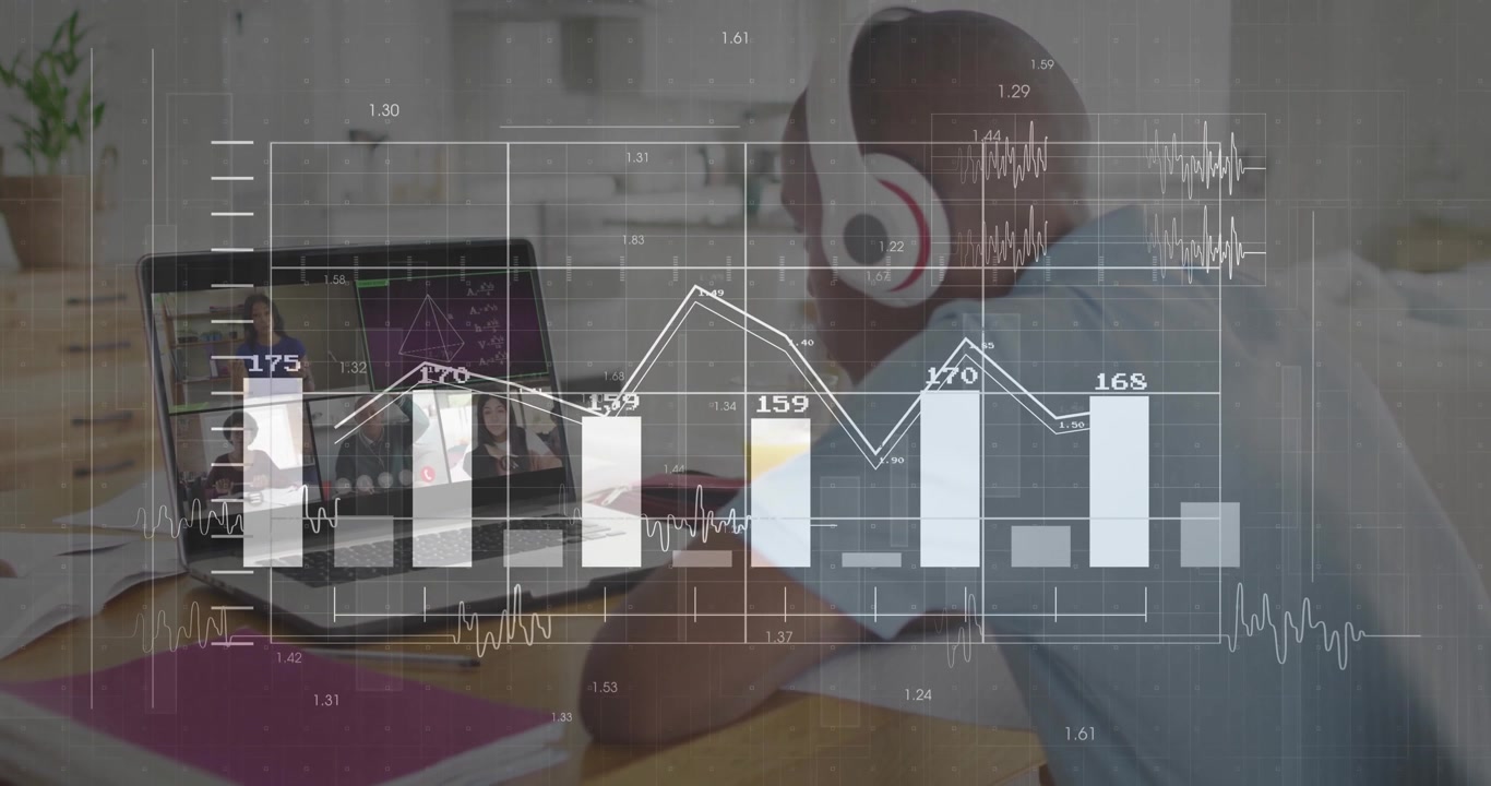 Teenage student wearing headphones joining education webinar, displaying bar charts and line graphs