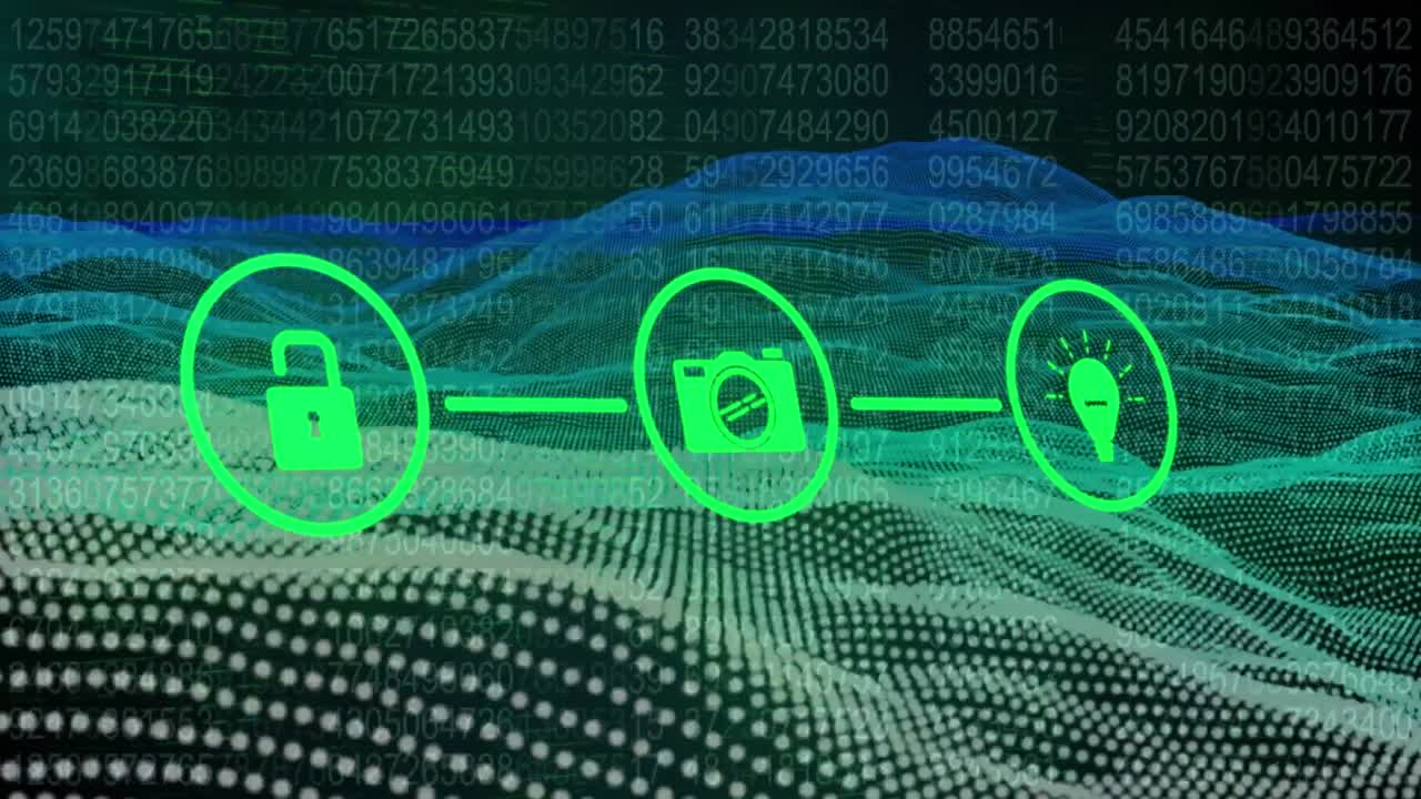 검은색 배경에 데이터 처리 및 아이콘으로 파동의 애니메이션