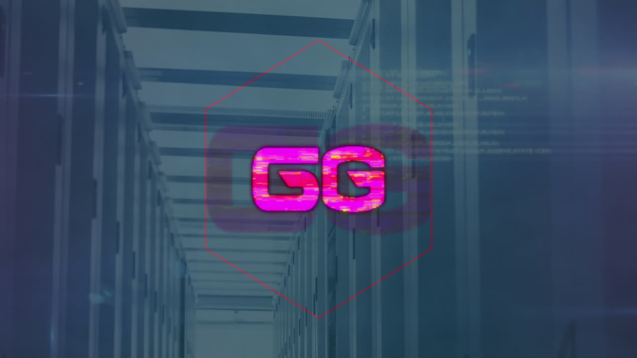 animación de texto de 6g sobre la sala del servidor