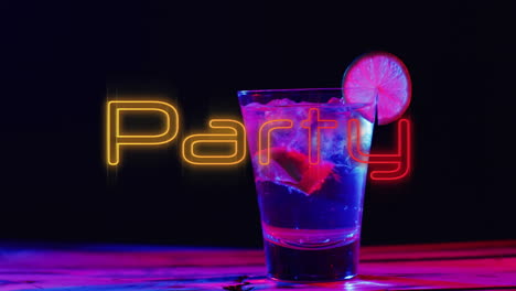 animation of party neon text and cocktail on black background