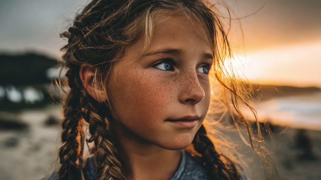 A contemplative moment captured at sunset with a young girl by the beach, showcasing her freckled face, braided hair, and serene expression amidst natural beauty