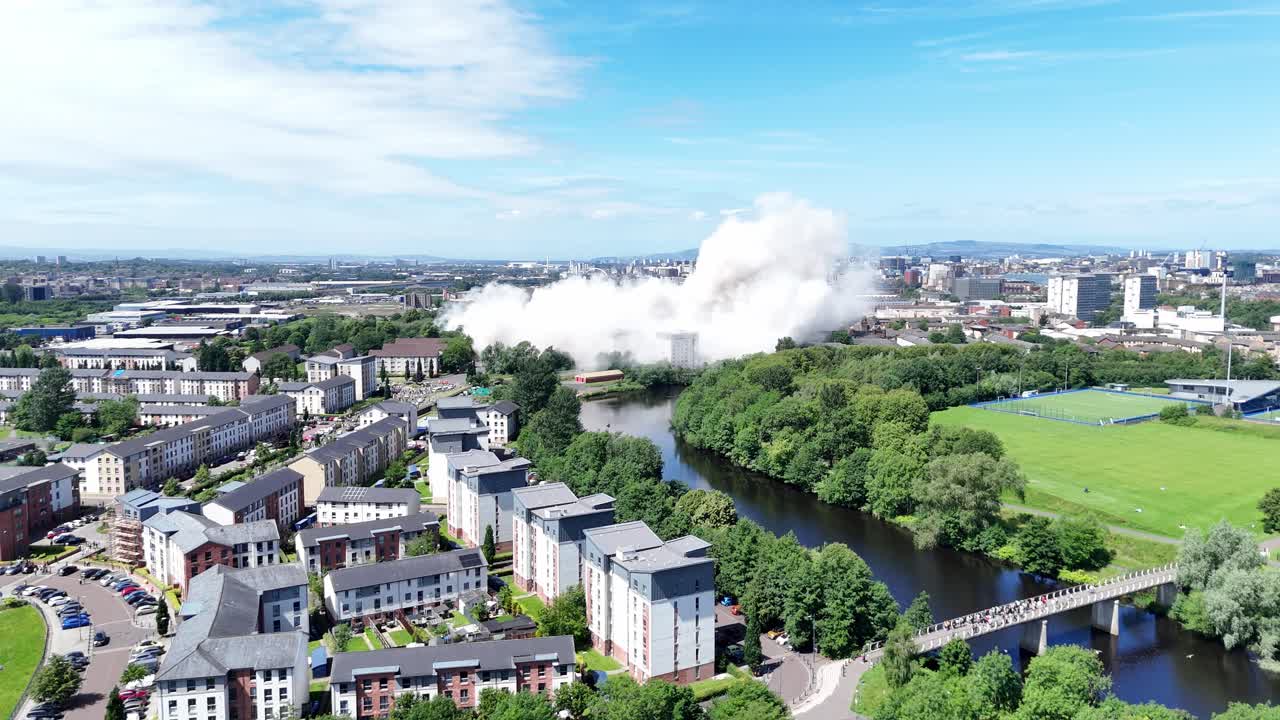 Explosion blast smoke, dramatic historic moment, urban regeneration, aerial
