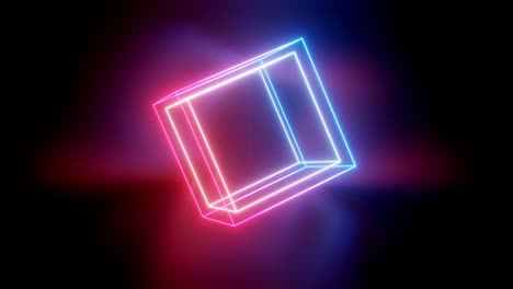 rotating neon cube. 4k looped animation background with neon glow, light gradient blue red magenta. 3d luminous frame figure rotates smoothly in the dark in cycle.