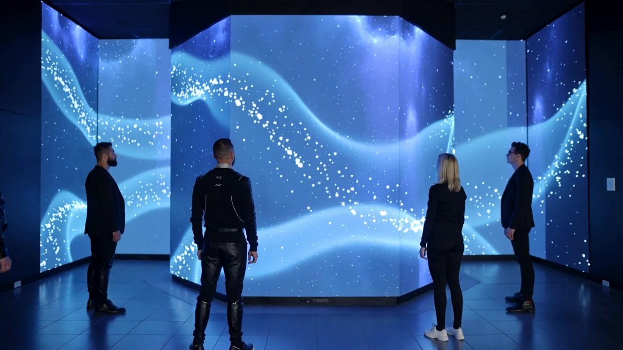 Visitantes de jaquetas observando uma exibição hexagonal em uma galeria, enquanto a câmera se aproxima e alguém no centro avança.