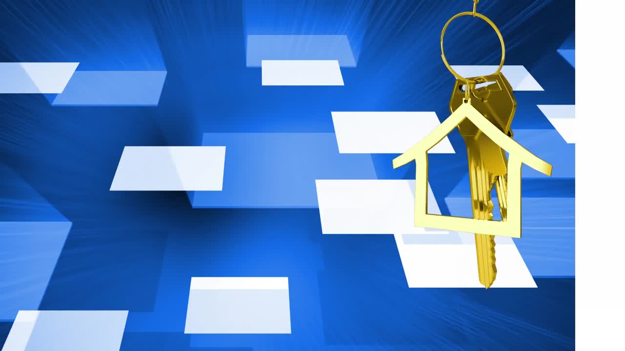 animación de una llave dorada con un llavero sobre pantallas digitales sobre fondo azul