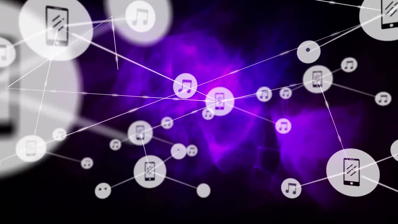 어두운 배경 위에 아이콘으로 연결 네트워크의 애니메이션