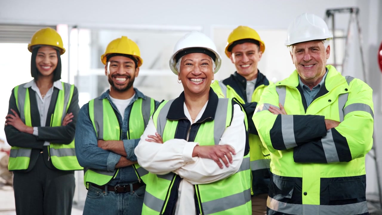 Diverse Group of Construction Workers Standing Together in a Building Site