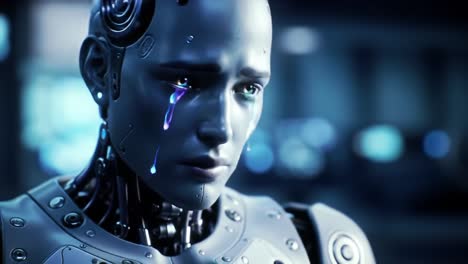 an emotionally charged robot depicts humanity through tears, exploring the intersection of technology and emotion in a futuristic setting