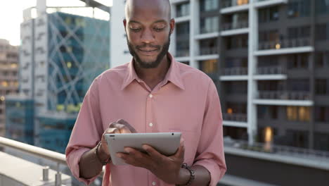 Business-man,-tablet-and-city-working-of-a-fintech